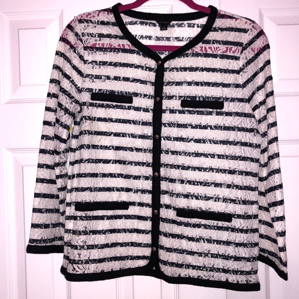 Ann Taylor Black & White Stripe Cardigan Lace Sz M medium